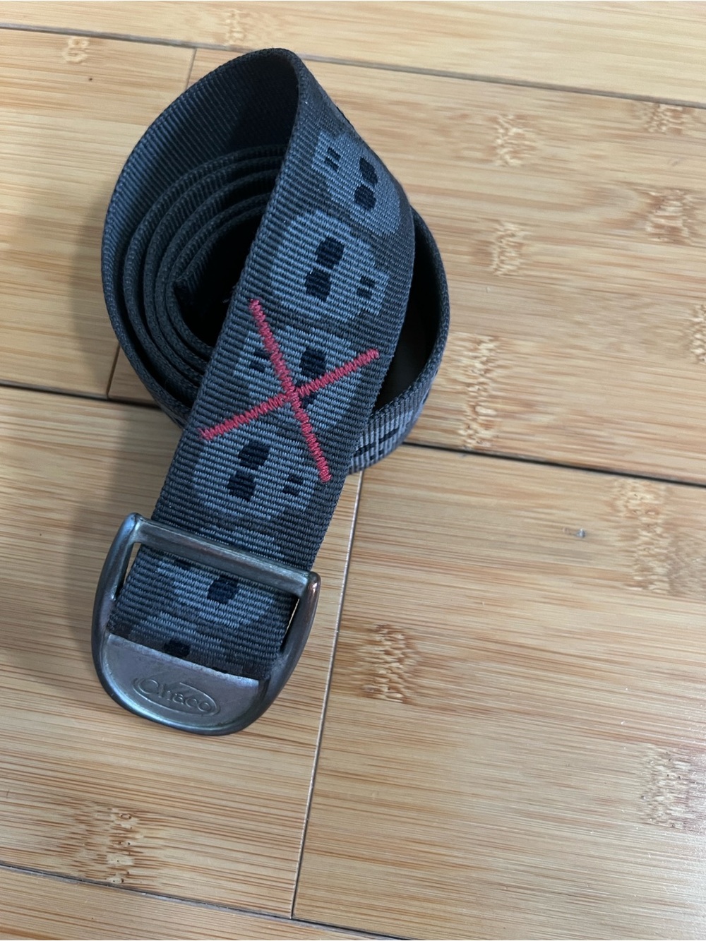Chaco Gray and Black Webbing Belt with Red Stitch Accent